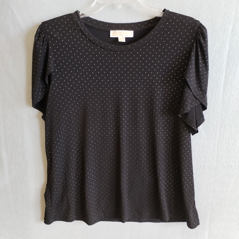 Michael Kors Womens XL Black Gold Polka Dot Blouse Flutter Sleeve Stretch Top